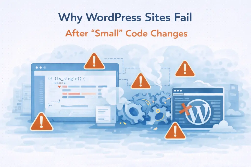 Flat illustration showing how small code changes can cause WordPress site failures.