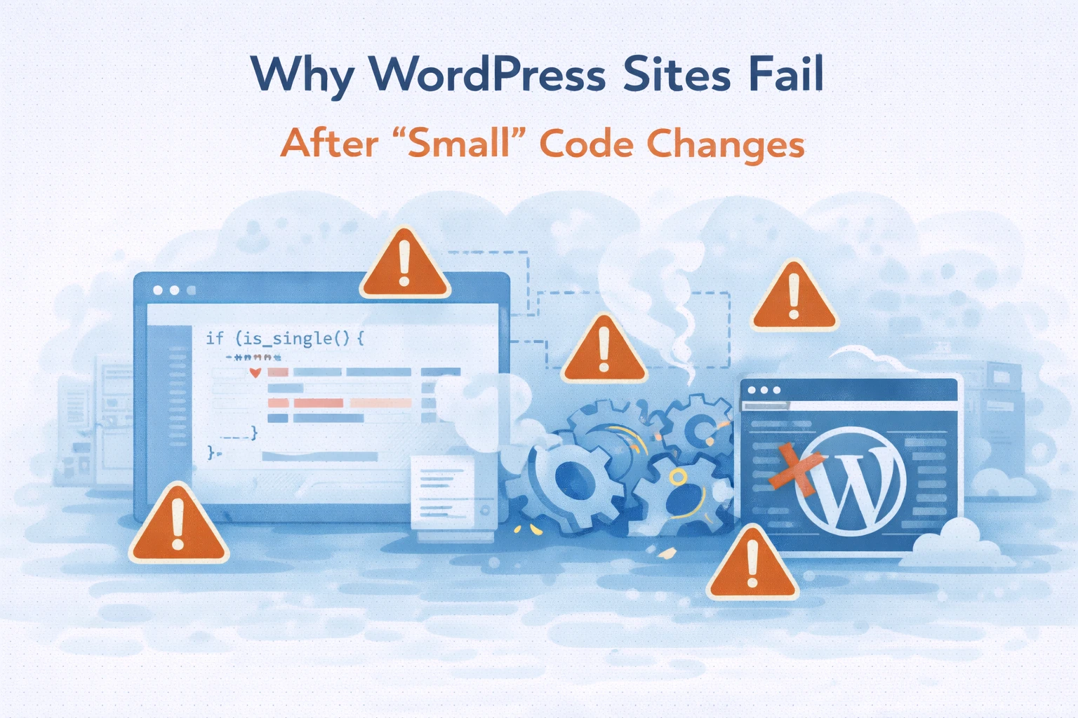 Flat illustration showing how small code changes can cause WordPress site failures.