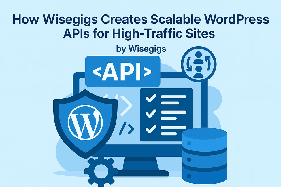Digital illustration showing scalable WordPress API infrastructure with servers, charts, and DevOps elements.