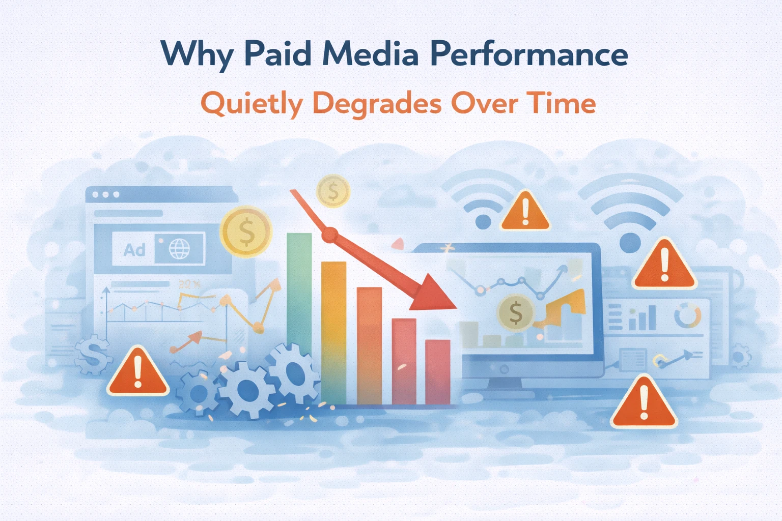 Flat illustration showing paid media performance gradually degrading over time.