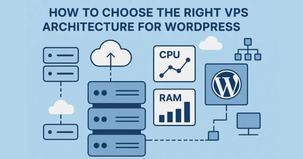 Illustration showing VPS nodes, cloud server architecture diagrams, CPU/RAM performance charts, and WordPress symbols representing high-performance hosting environments.