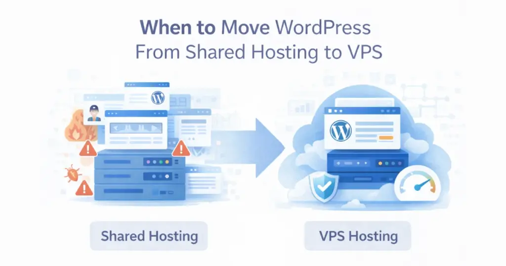 Illustration showing the transition from shared hosting to VPS for a WordPress site, highlighting improved performance, isolation, and scalability.