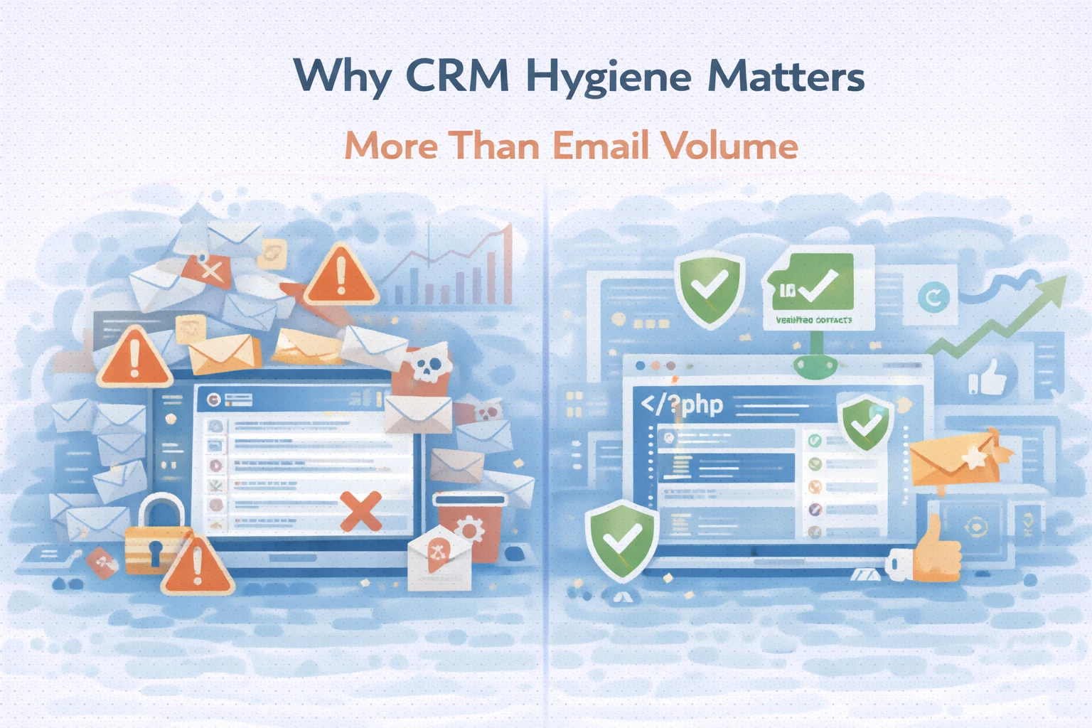 Flat illustration showing why clean CRM data matters more than sending more emails.