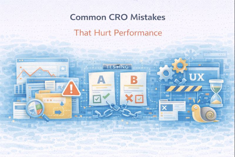 Flat illustration showing common CRO mistakes that reduce website performance.