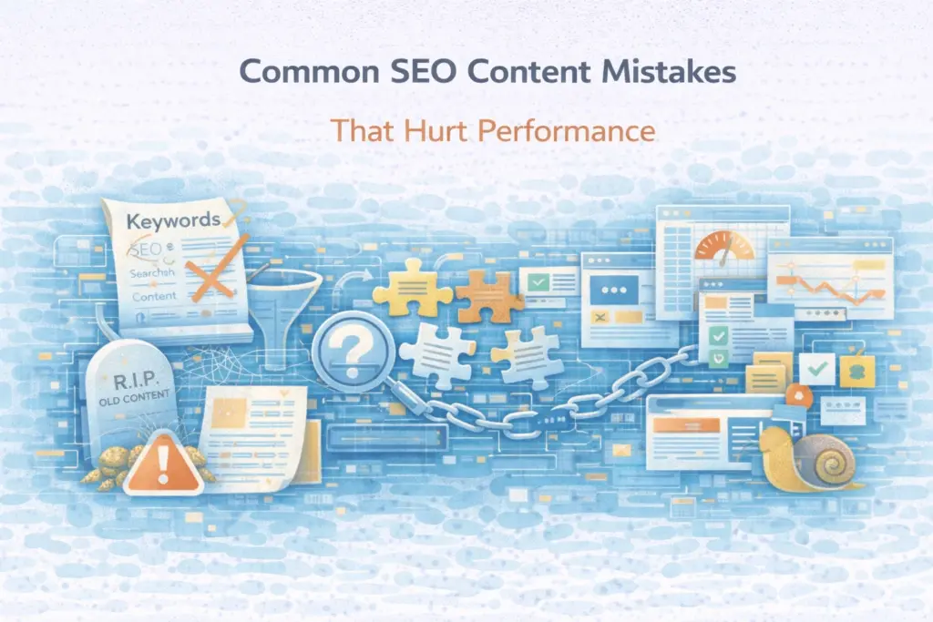 Flat illustration showing common SEO content mistakes that reduce search performance.