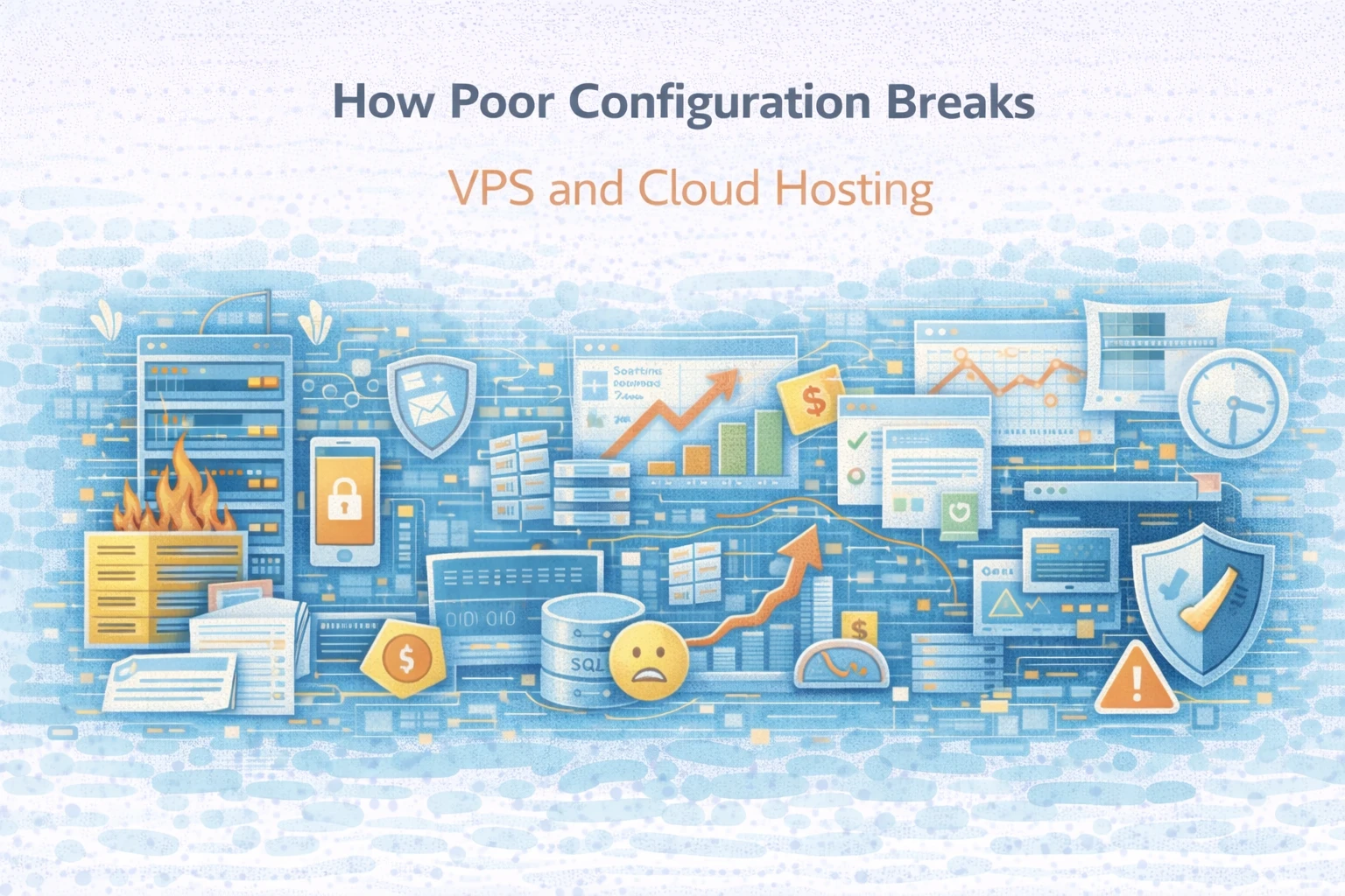 Flat illustration showing poor configuration breaking VPS and cloud hosting.