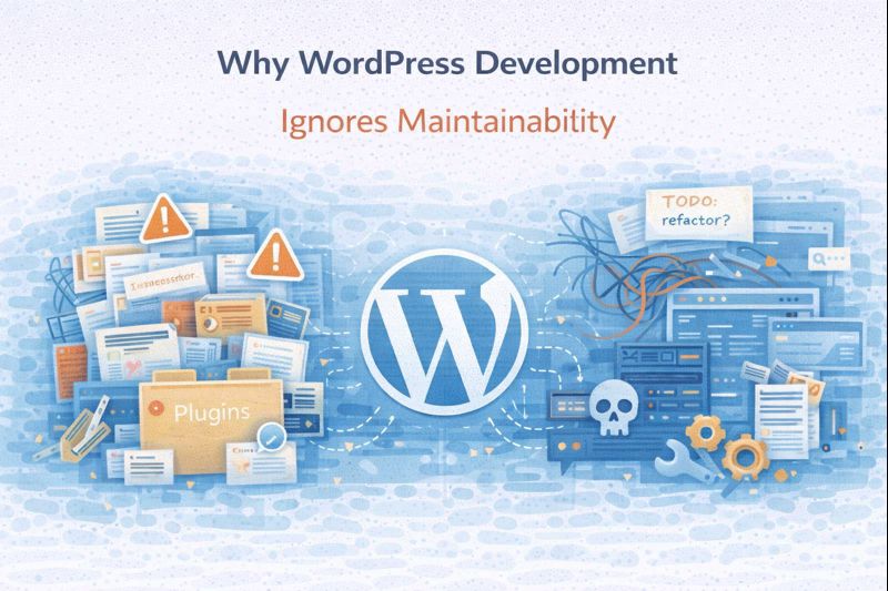 Flat illustration showing maintainability issues in WordPress development.