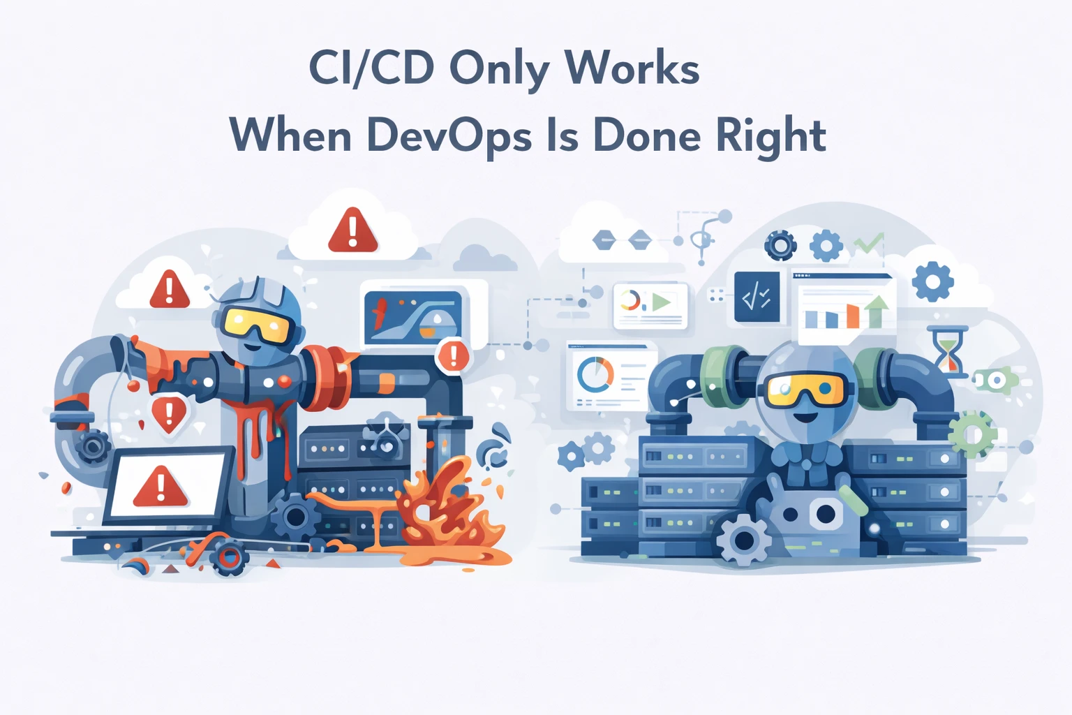 Illustration comparing broken and optimized CI/CD pipelines, showing how proper DevOps practices improve deployment stability, automation, and performance.