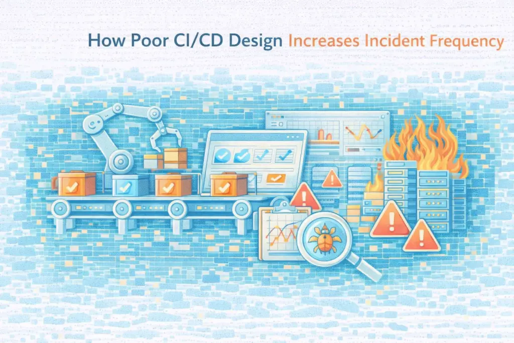 Flat illustration showing poor CI/CD design increasing incident frequency.