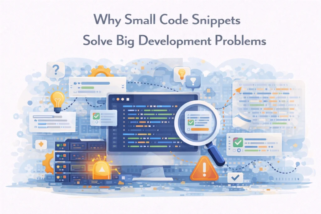 Illustration showing small code snippets solving development problems, with code blocks, tools, and workflow elements representing efficient and maintainable programming.