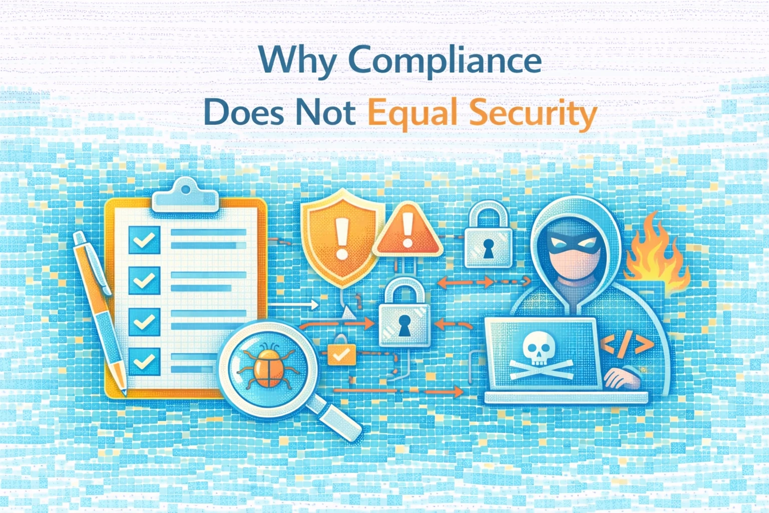 Flat illustration showing why compliance does not equal security.