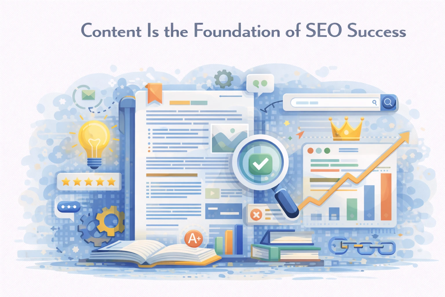 Illustration showing content creation, search results, and analytics elements representing how quality content drives SEO success.
