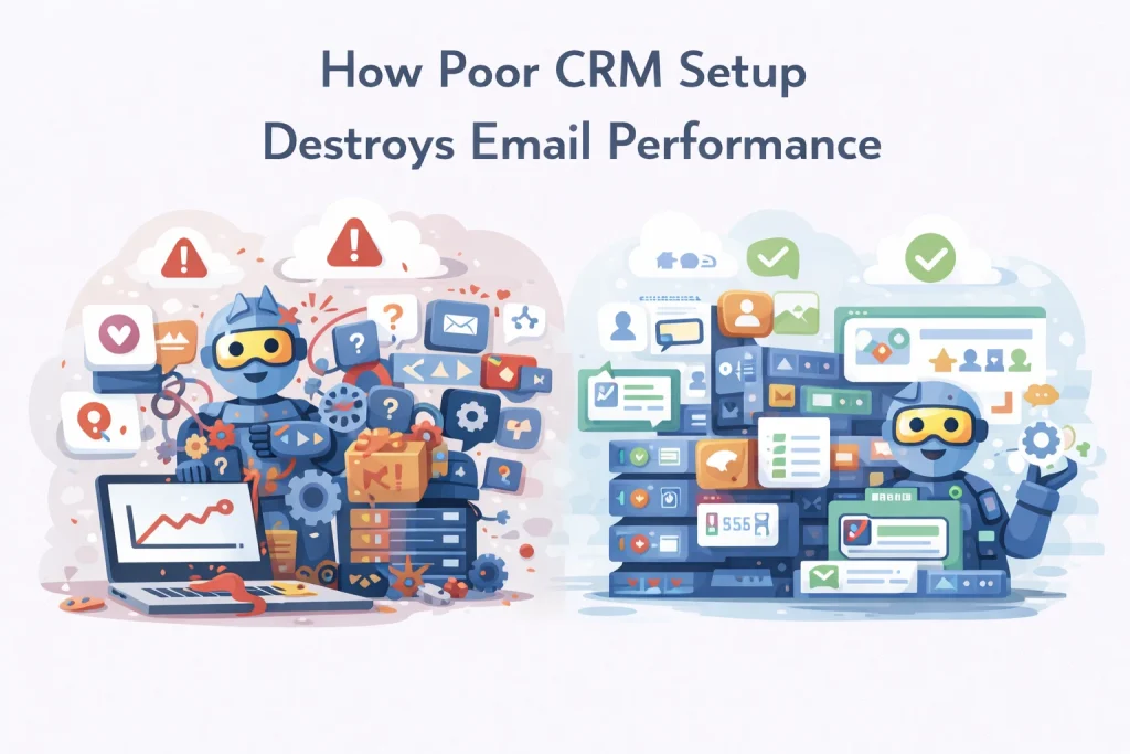 Illustration comparing poor and well-organized CRM systems, showing how messy customer data harms email performance while clean CRM structure improves engagement and automation.