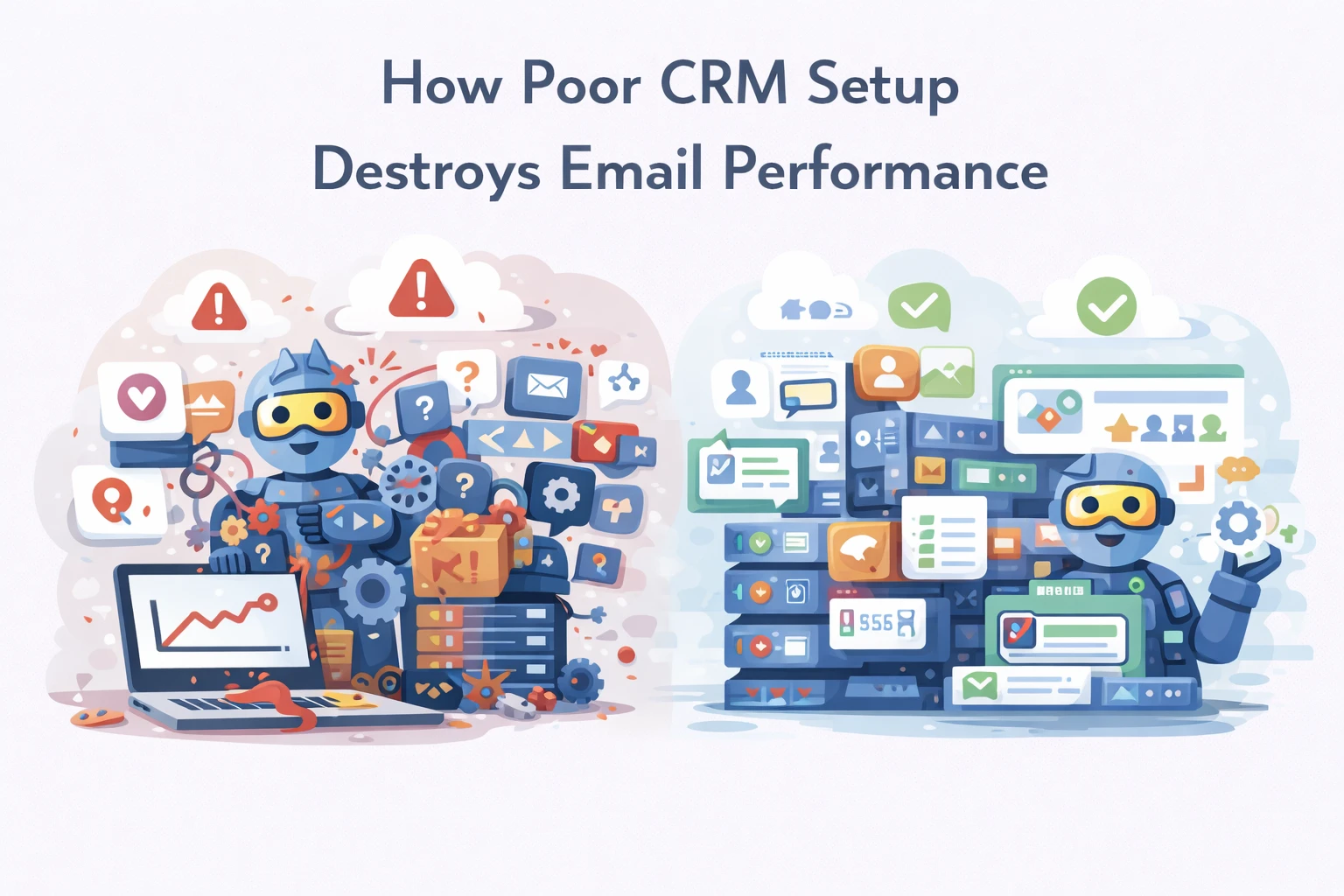 Illustration comparing poor and well-organized CRM systems, showing how messy customer data harms email performance while clean CRM structure improves engagement and automation.