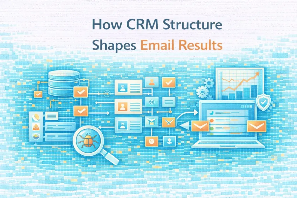 Flat illustration showing CRM structure shaping email results.