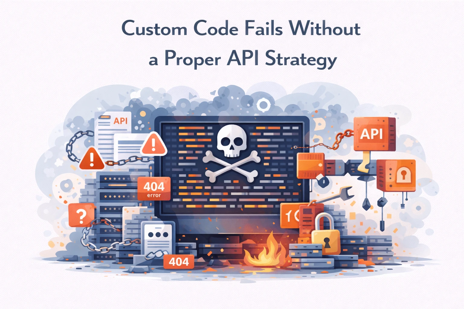 Illustration showing a broken API connection with code errors and system failures, representing how poor API strategy causes custom code to fail.