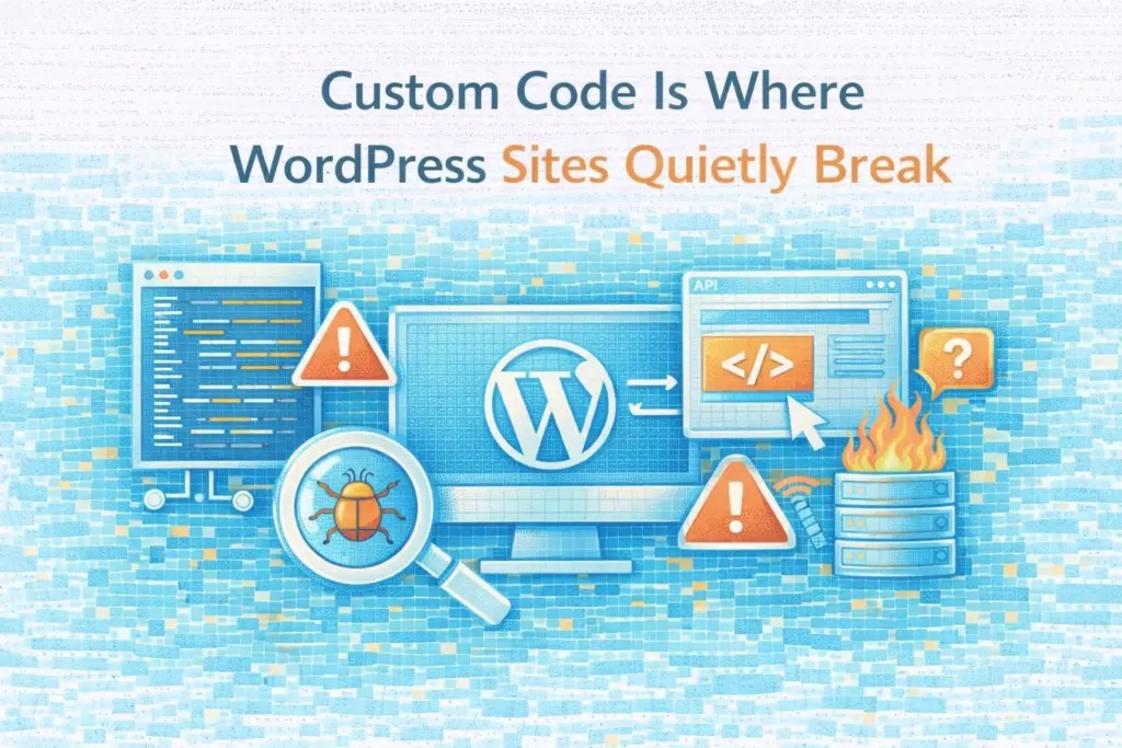 Flat illustration showing custom code quietly breaking WordPress sites.