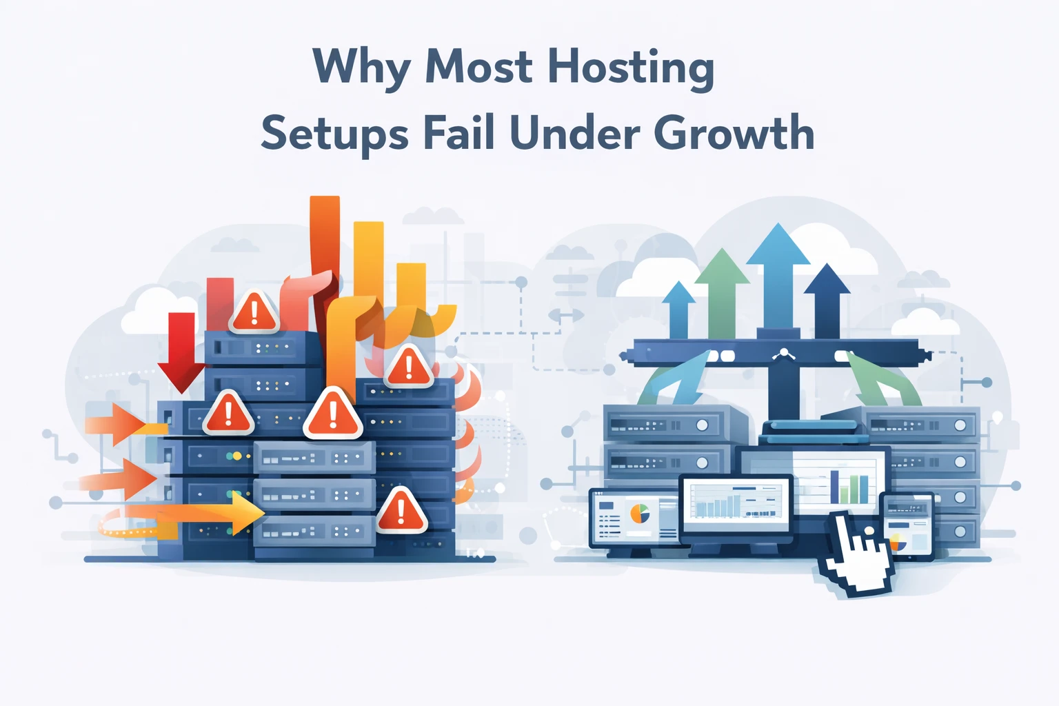 Illustration showing servers, traffic flow, load distribution, and scaling layers. Visual contrast between overloaded and optimized infrastructure.