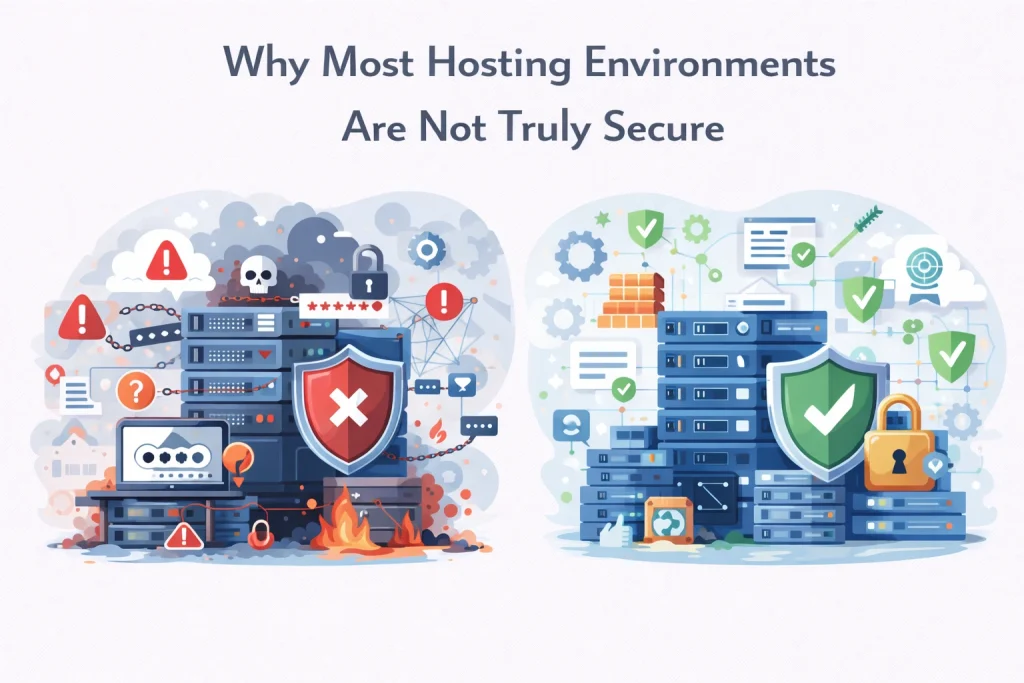 Illustration showing hosting security compliance issues and secure server environments with proper protection.