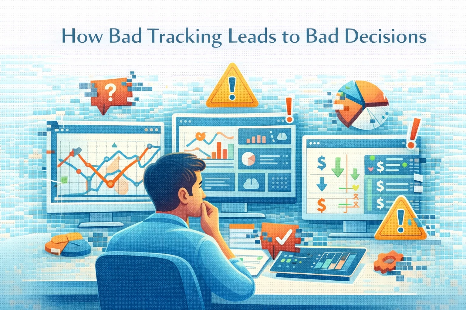 Flat illustration showing how poor tracking leads to bad marketing decisions.