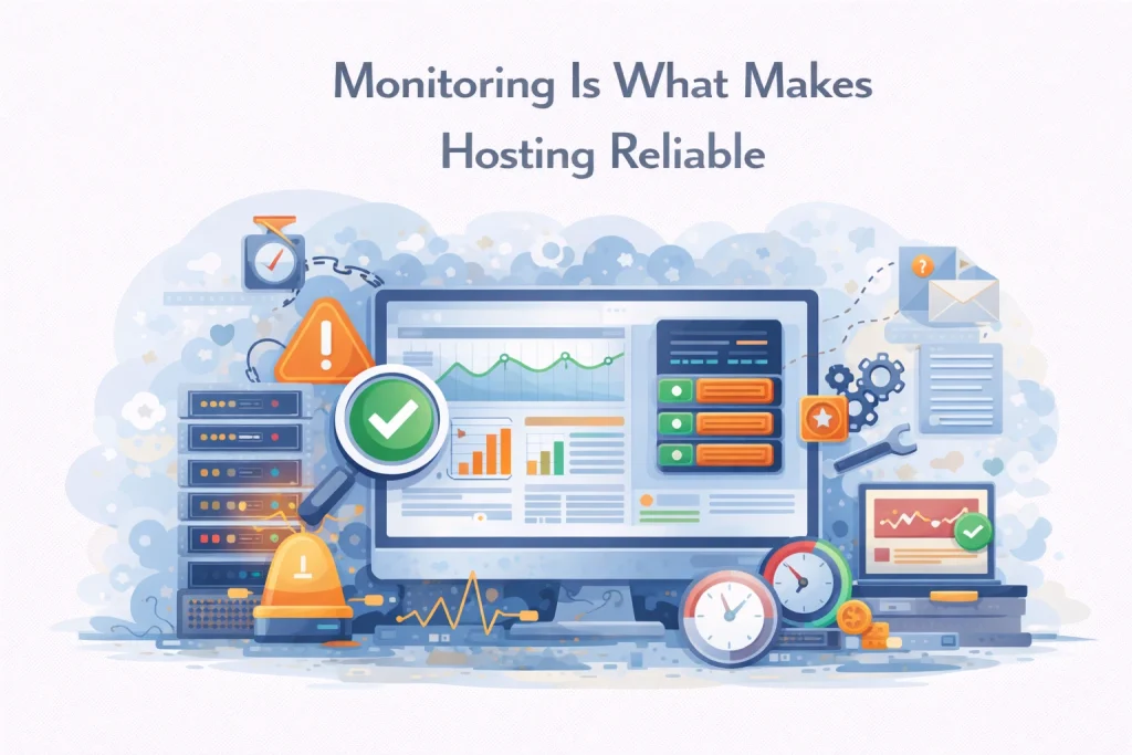 Illustration showing server monitoring dashboards, performance metrics, and alert indicators representing how monitoring ensures reliable hosting and system stability.