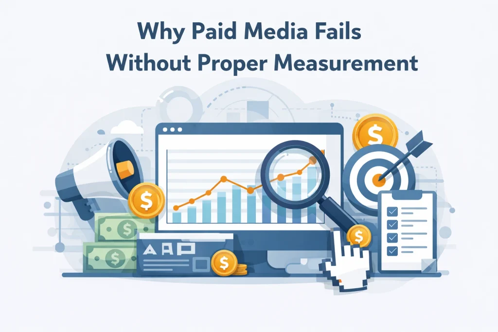 Flat illustration showing paid media analytics, ad performance charts, and measurement issues explaining why paid media fails without proper tracking.