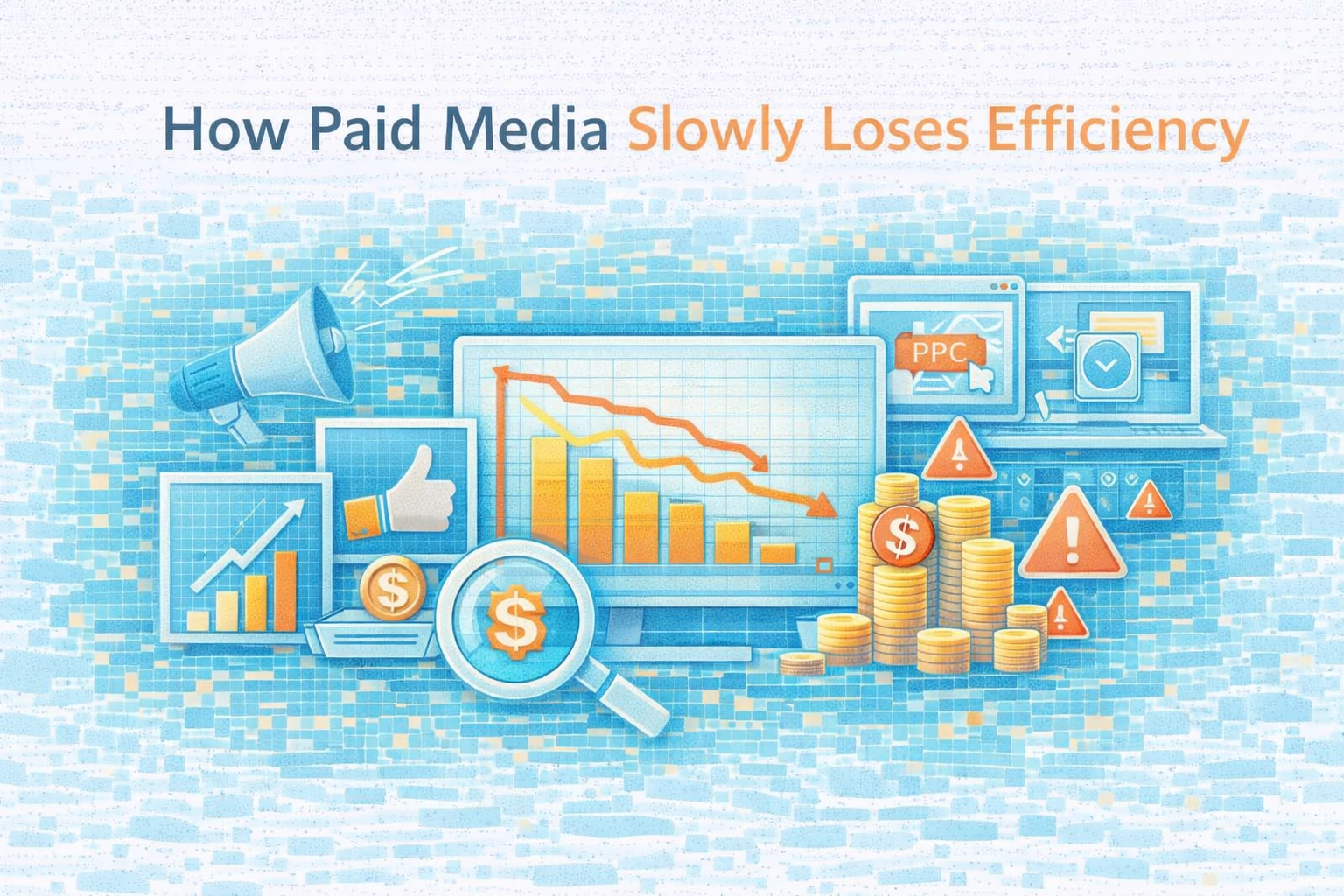 Flat illustration showing paid media slowly losing efficiency.