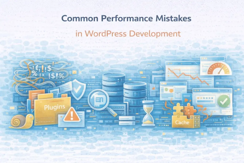 Flat illustration showing common performance mistakes in WordPress development.