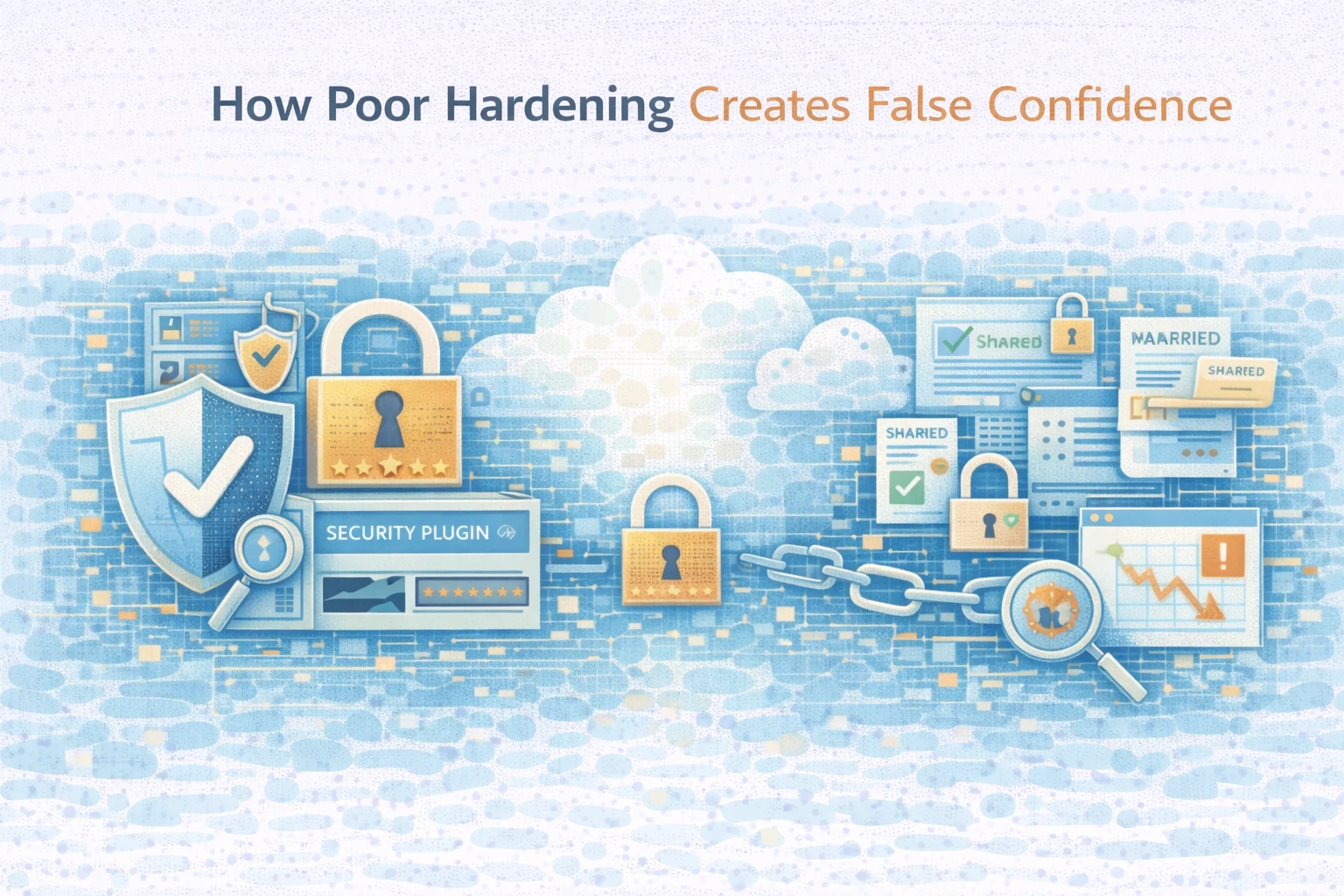 Flat illustration showing poor security hardening creating false confidence.