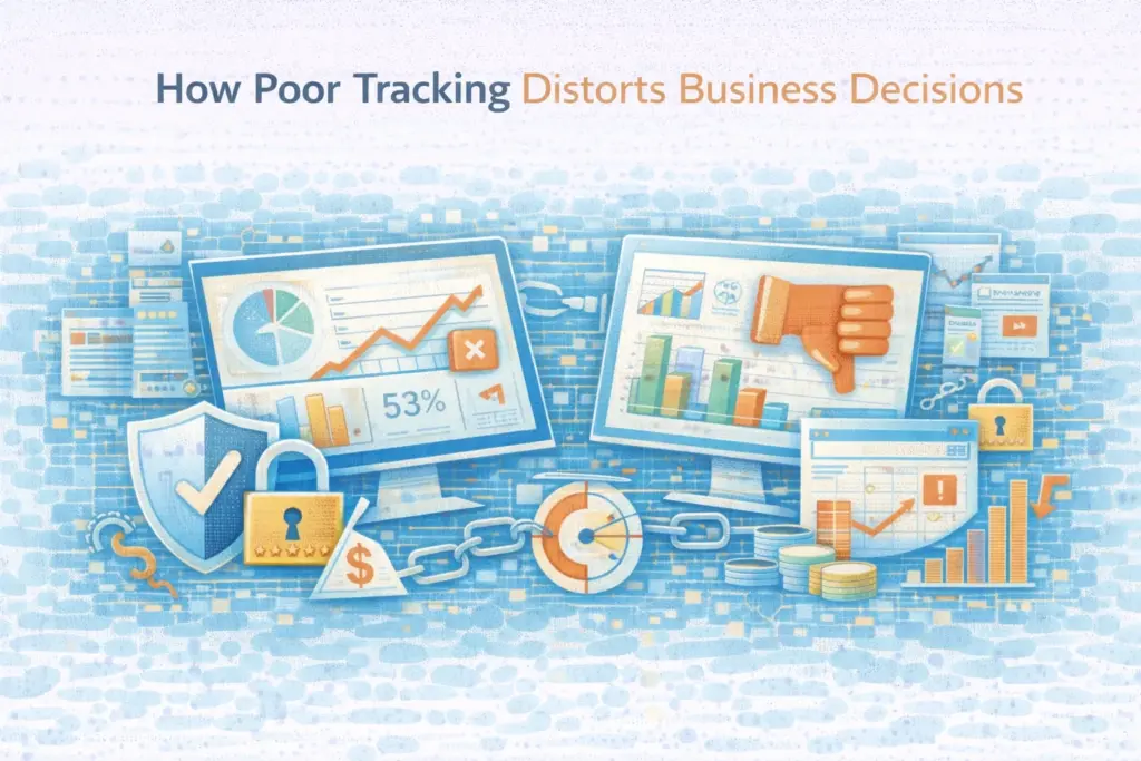 Flat illustration showing poor tracking distorting business decisions.