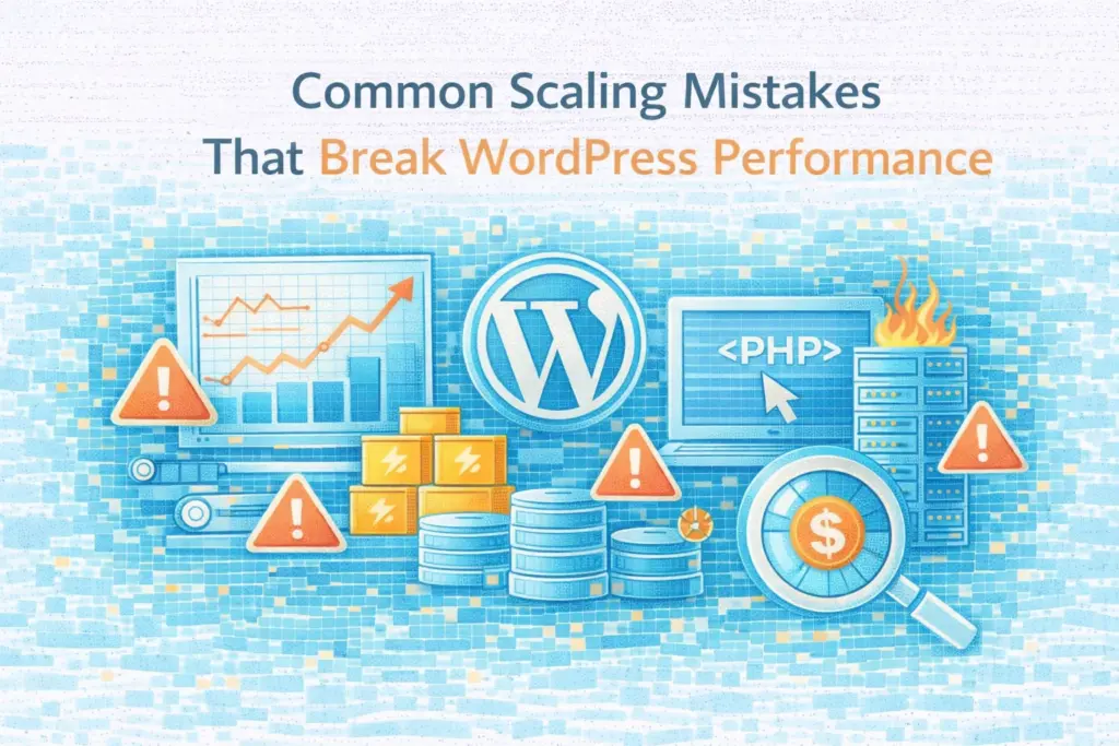 Flat illustration showing scaling mistakes that break WordPress performance.