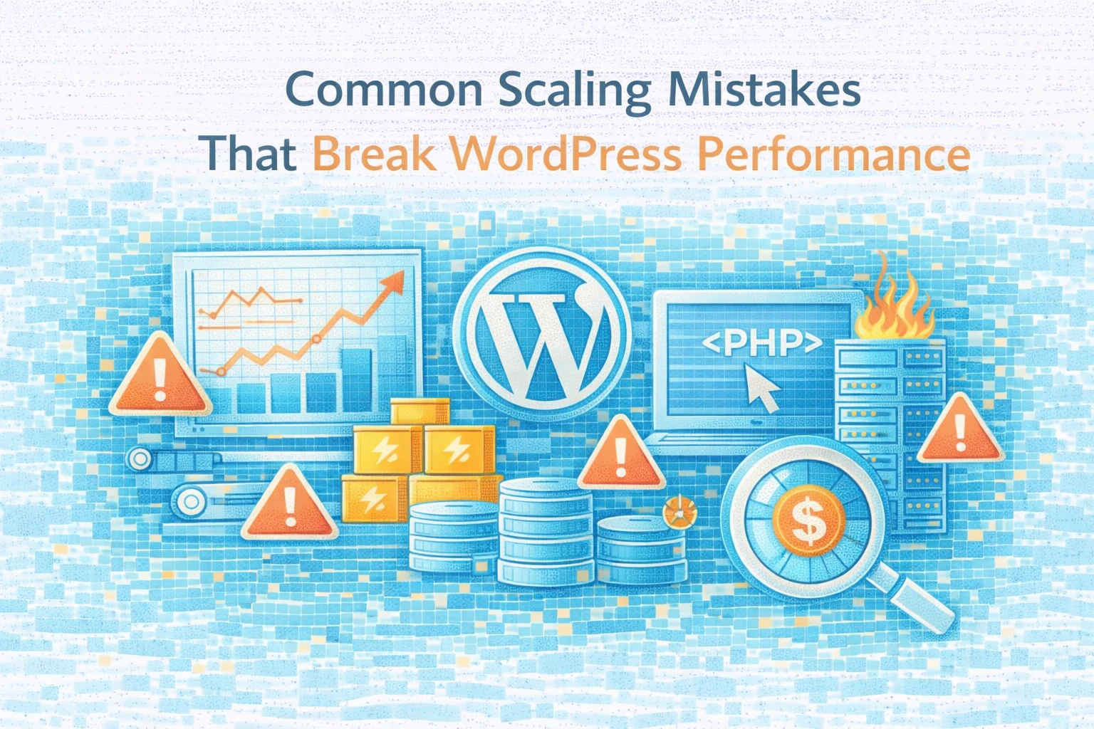 Flat illustration showing scaling mistakes that break WordPress performance.