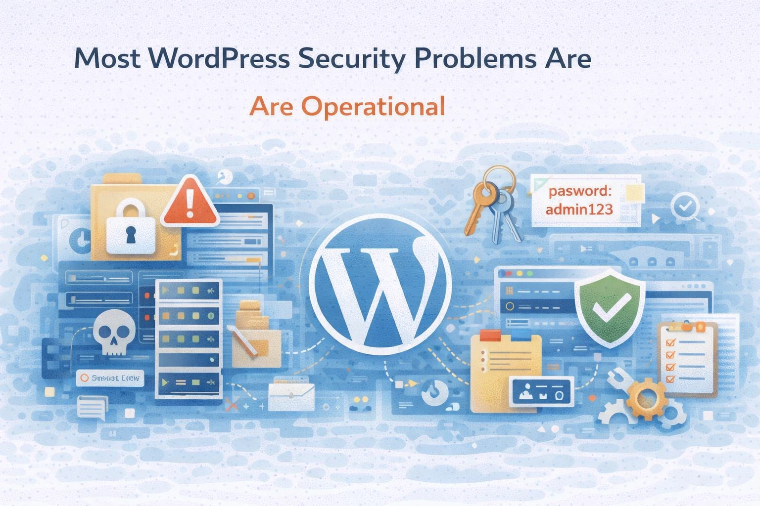 Flat illustration showing WordPress security problems caused by operational issues.