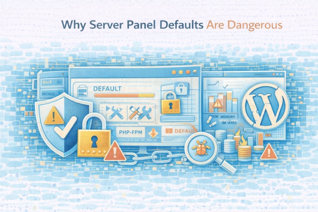Flat illustration showing why server panel defaults are dangerous for WordPress hosting.