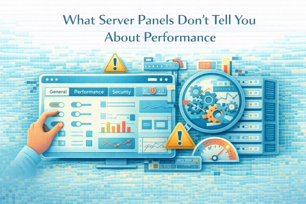 Flat illustration showing hidden performance issues behind server panel defaults.