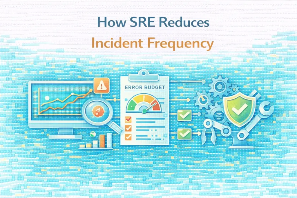 Flat illustration showing how SRE reduces incident frequency.
