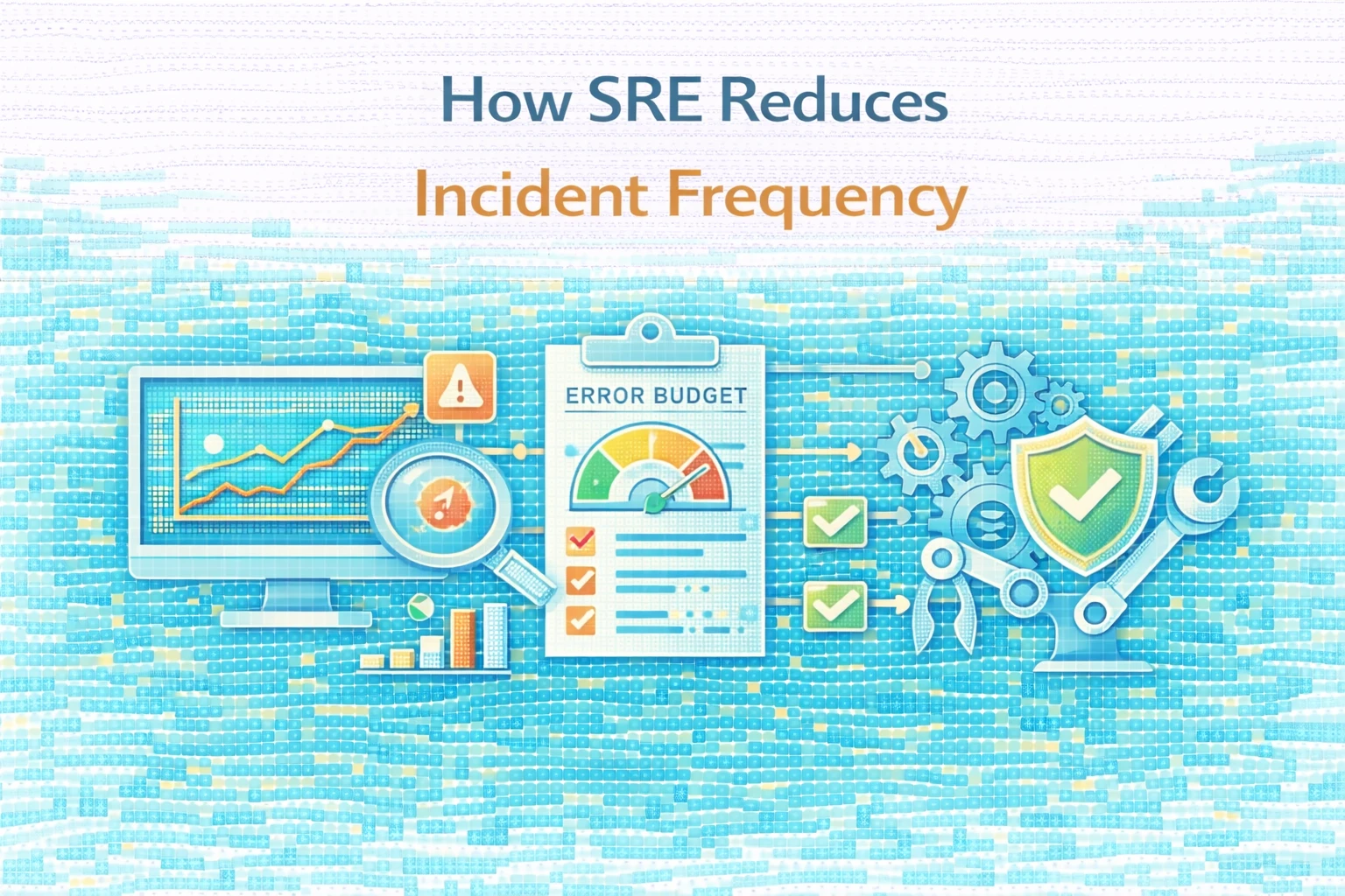 Flat illustration showing how SRE reduces incident frequency.