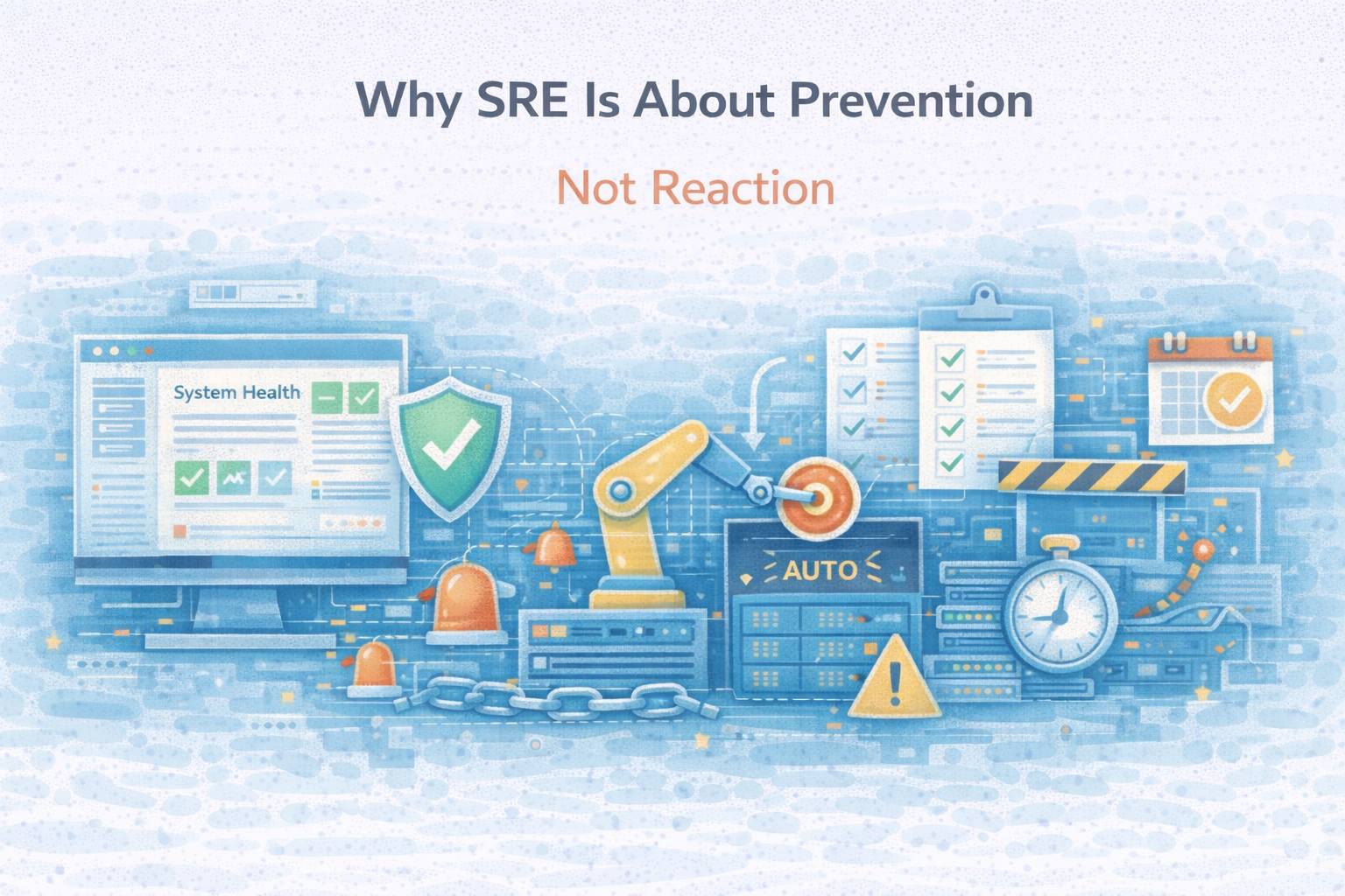 Flat illustration showing SRE focused on preventing incidents rather than reacting to failures.