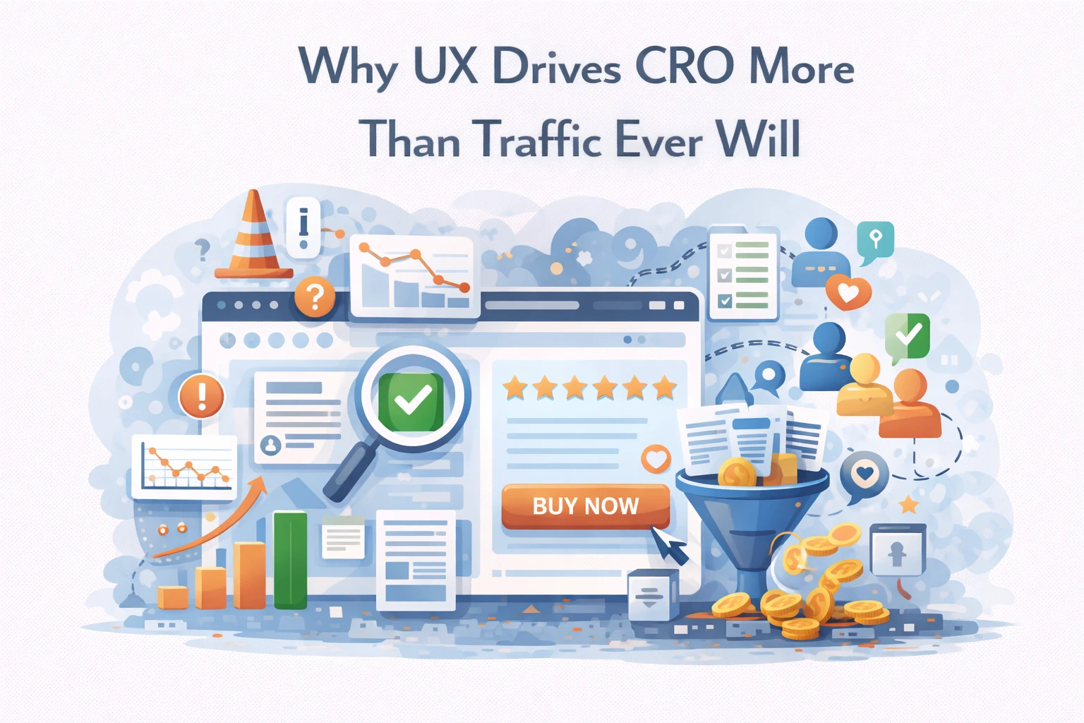 Illustration showing how user experience improvements drive higher conversion rates through clear design, usability, and optimized user flows.