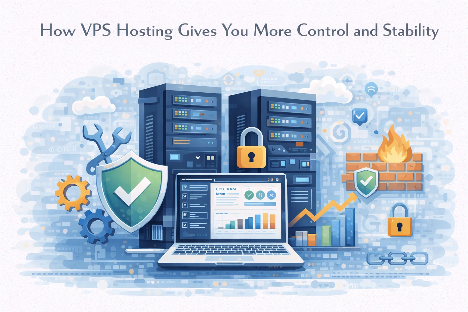 Illustration showing VPS hosting with server infrastructure, security icons, and performance dashboards representing improved control and system stability.