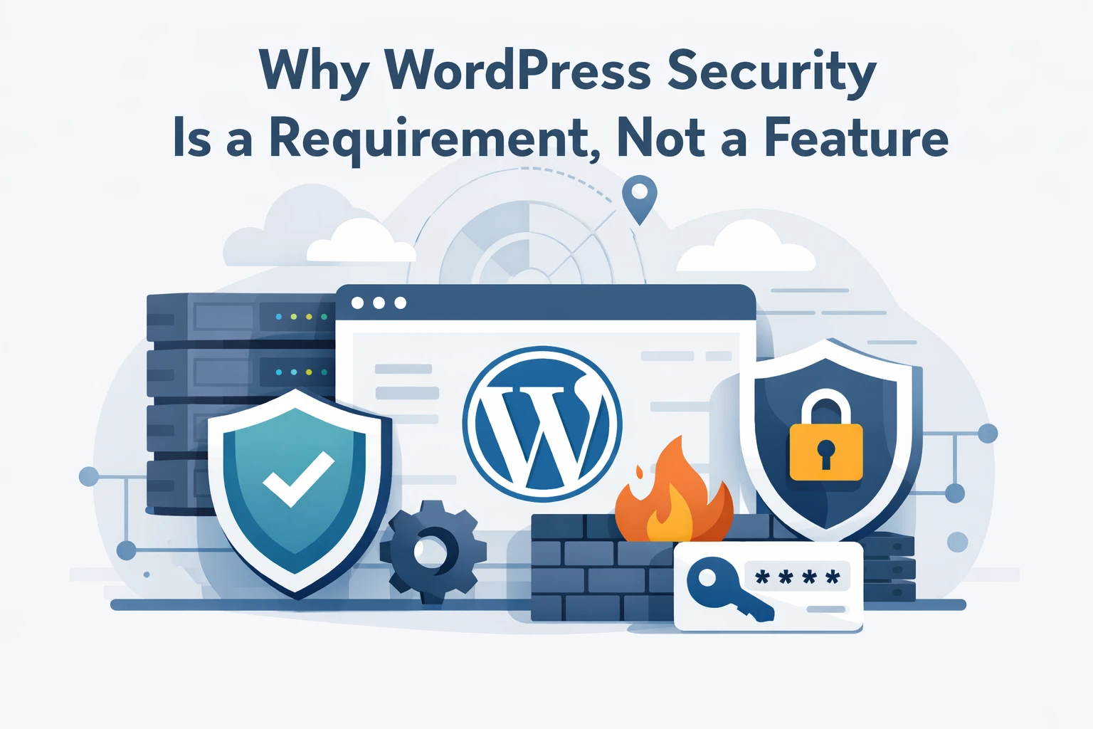 Abstract illustration showing a protected website surrounded by shields, server layers, and security barriers. Clean infrastructure visuals with a modern SaaS feel.