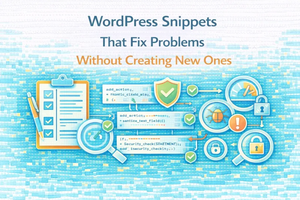 Flat illustration showing safe WordPress snippets that fix problems without creating new ones.