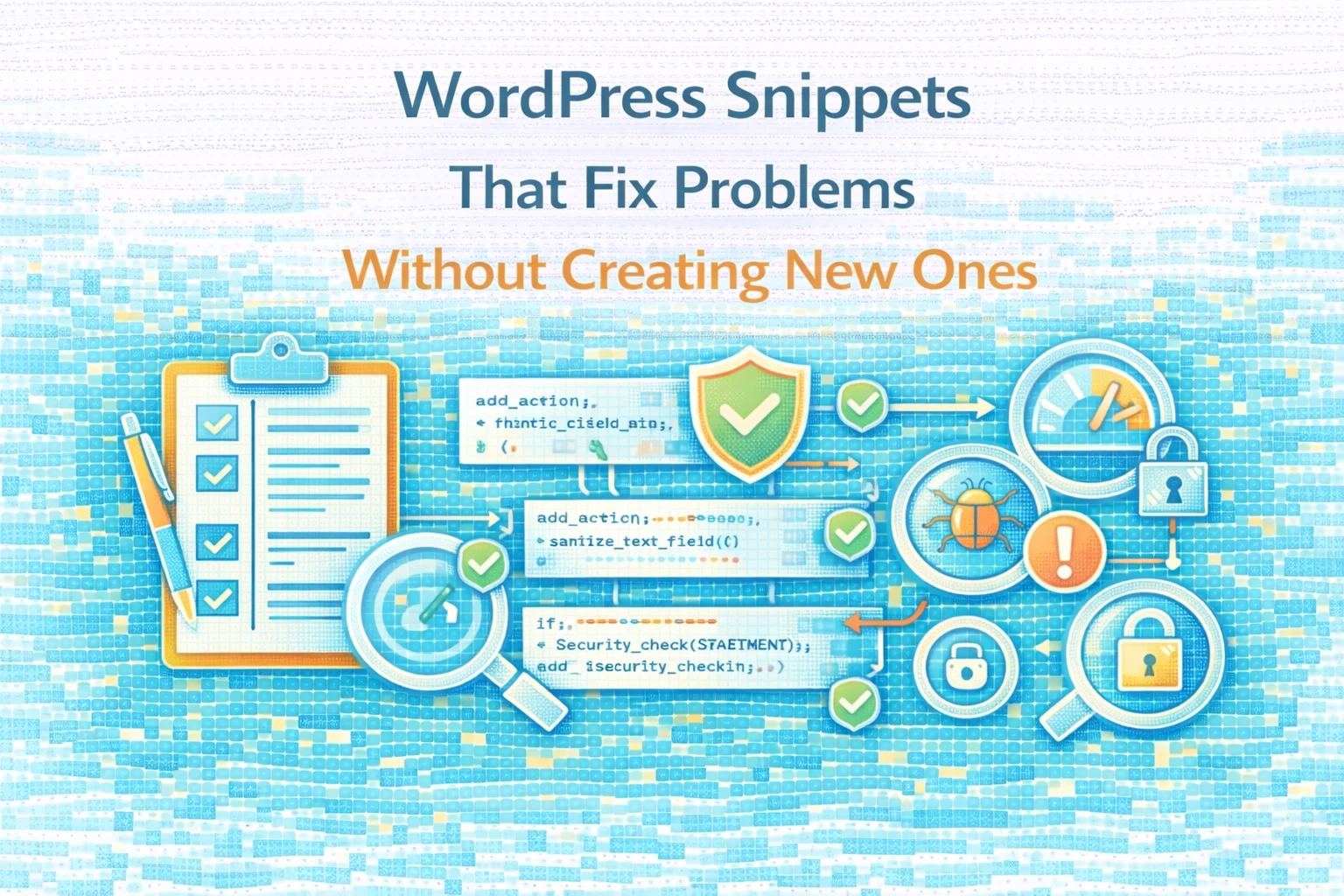 Flat illustration showing safe WordPress snippets that fix problems without creating new ones.