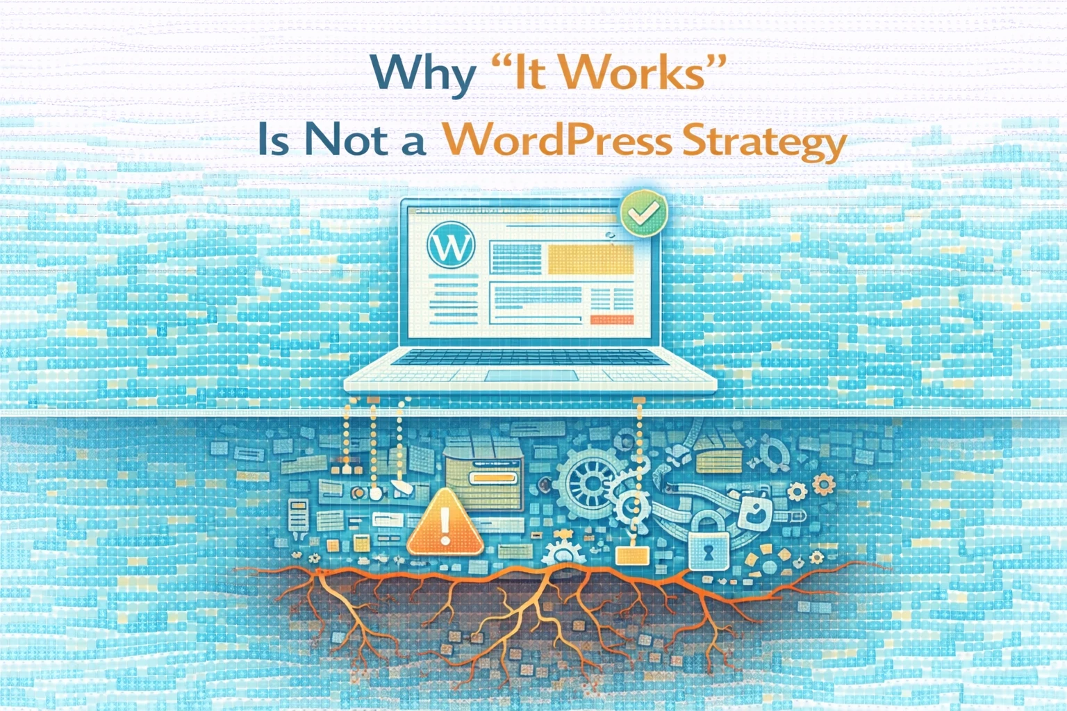 Flat illustration showing why “it works” is not a WordPress strategy.