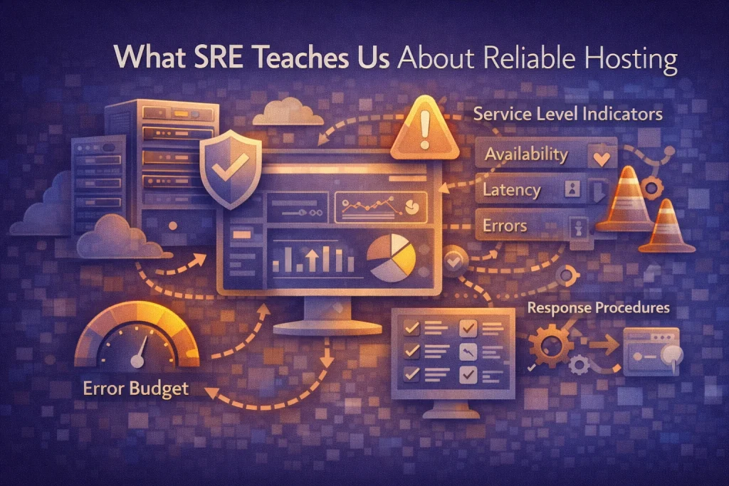Flat illustration showing site reliability engineering concepts with monitoring dashboards, alerting systems, service metrics, and resilient hosting infrastructure.