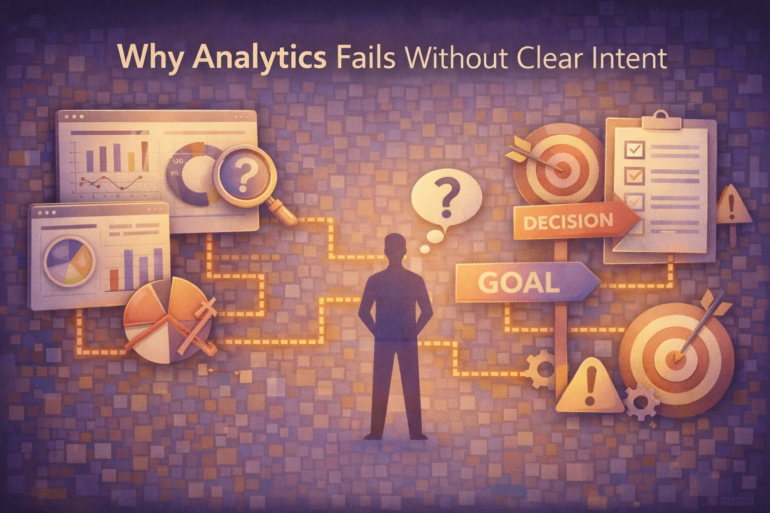 Flat illustration showing analytics dashboards and metrics disconnected from user intent and decision-making goals.