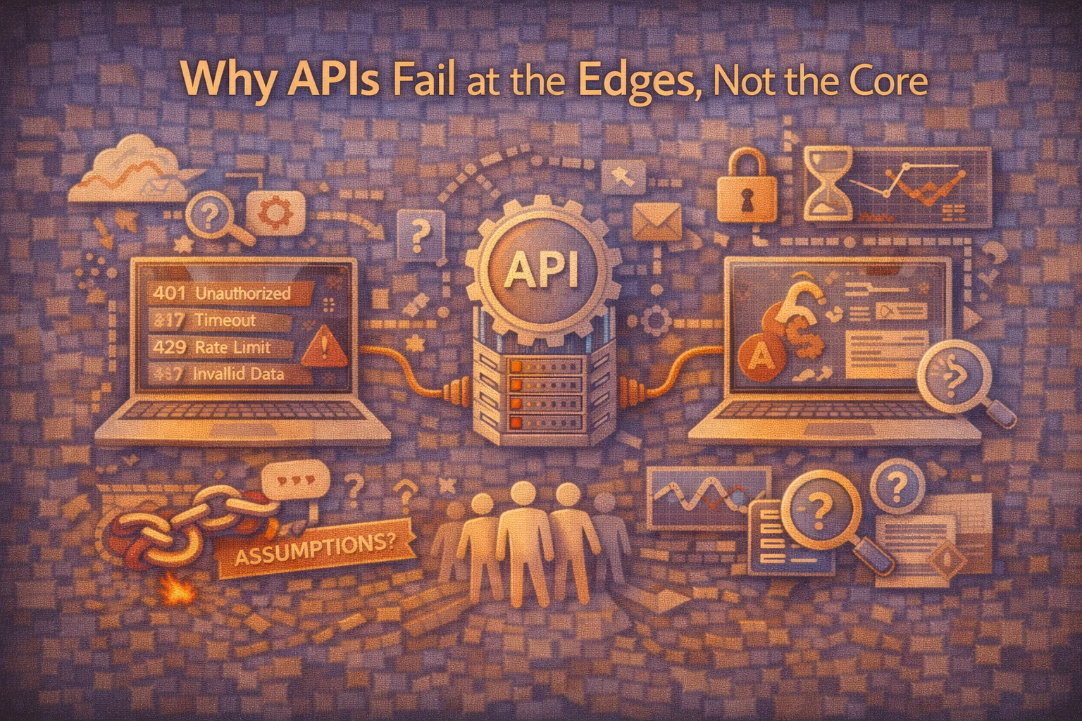 Flat illustration showing API integrations failing at system edges due to latency, assumptions, and boundary complexity.