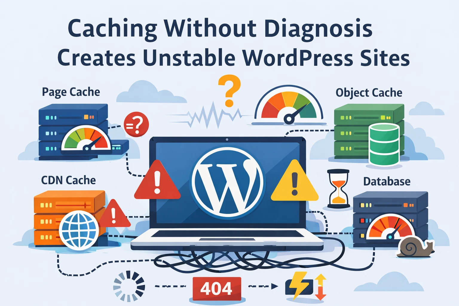 Flat illustration showing multiple WordPress caching layers causing instability and inconsistent performance.