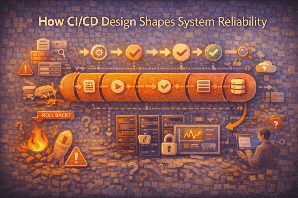 Flat illustration showing a CI/CD pipeline influencing system reliability, stability, and failure containment across infrastructure.