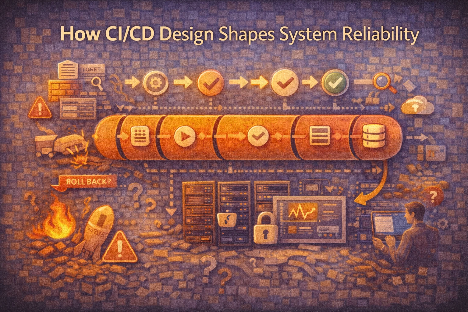 Flat illustration showing a CI/CD pipeline influencing system reliability, stability, and failure containment across infrastructure.